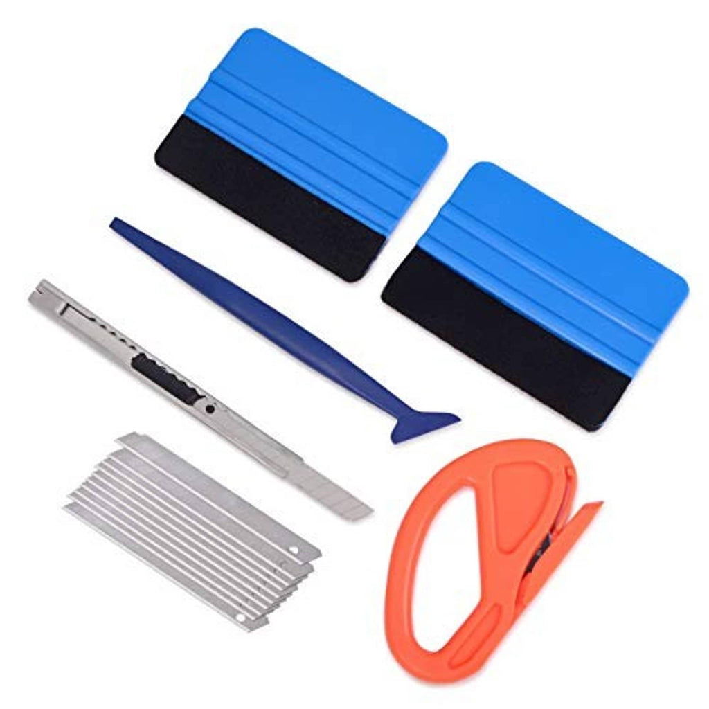 Vehicle vinyl wrap tool kit with two blue felt squeegees, metal cutter blades, and orange tool