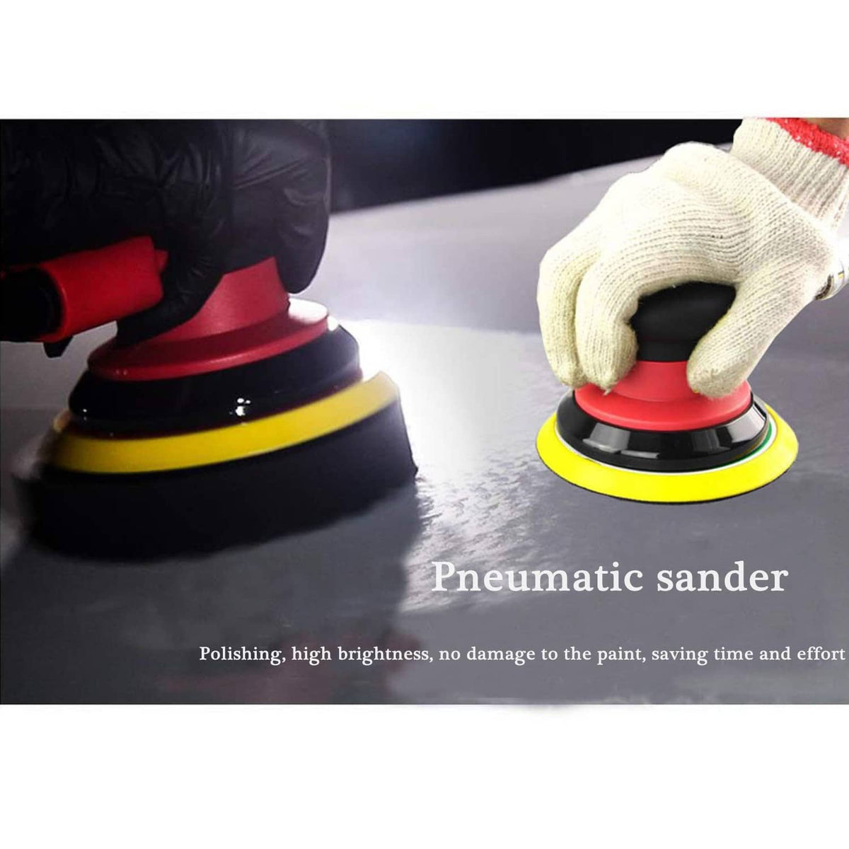 Gloved hands polishing with pneumatic random orbital sander, yellow pad on surface