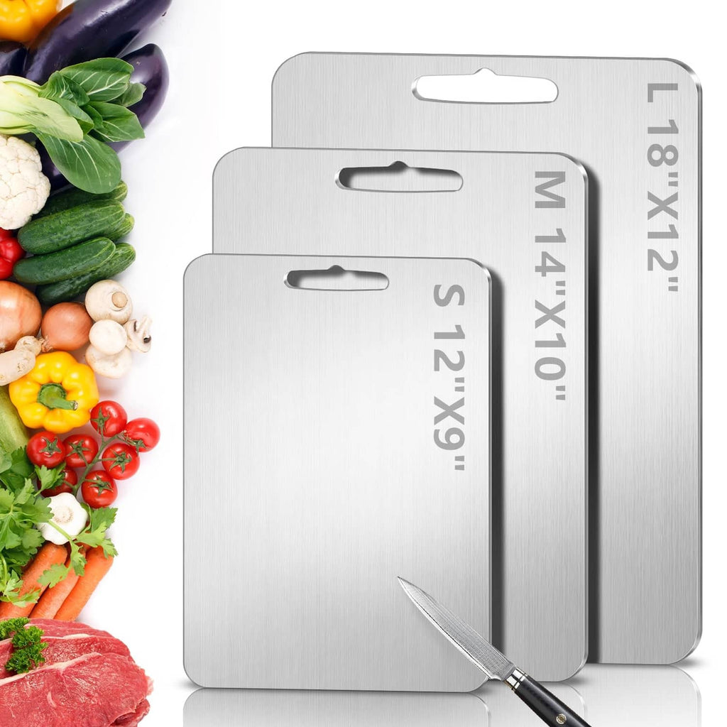 Silver titanium cutting boards set of three with hanging handle cutouts
