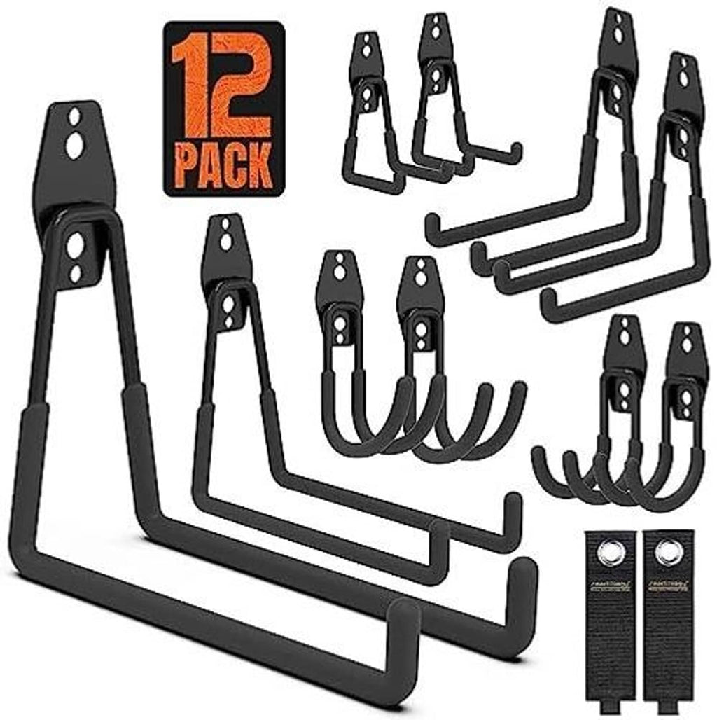 Black garage wall hooks, 12-pack set with single and double-prong hook styles