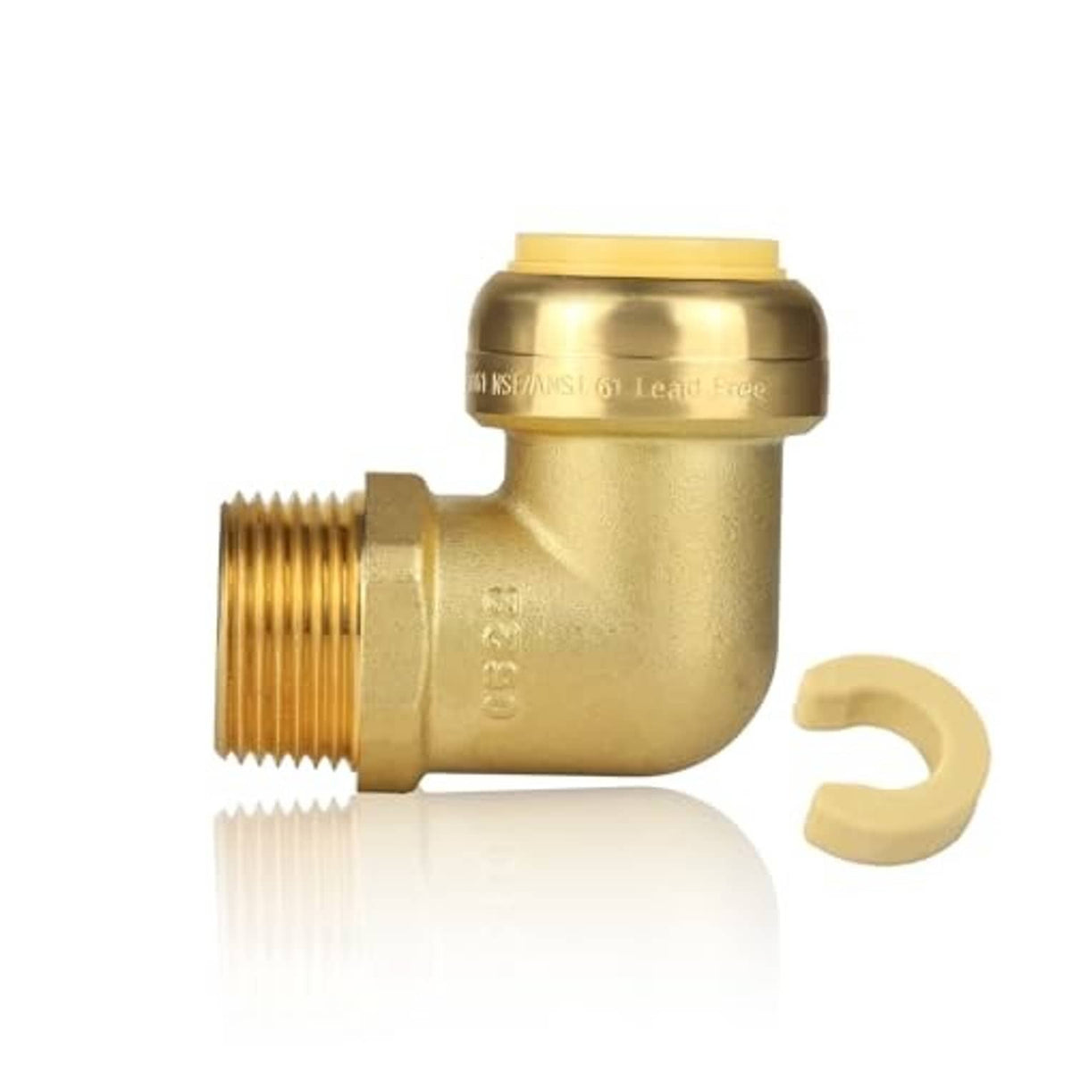 Brass push-fit elbow fitting with male NPT threaded inlet and push ring on outlet