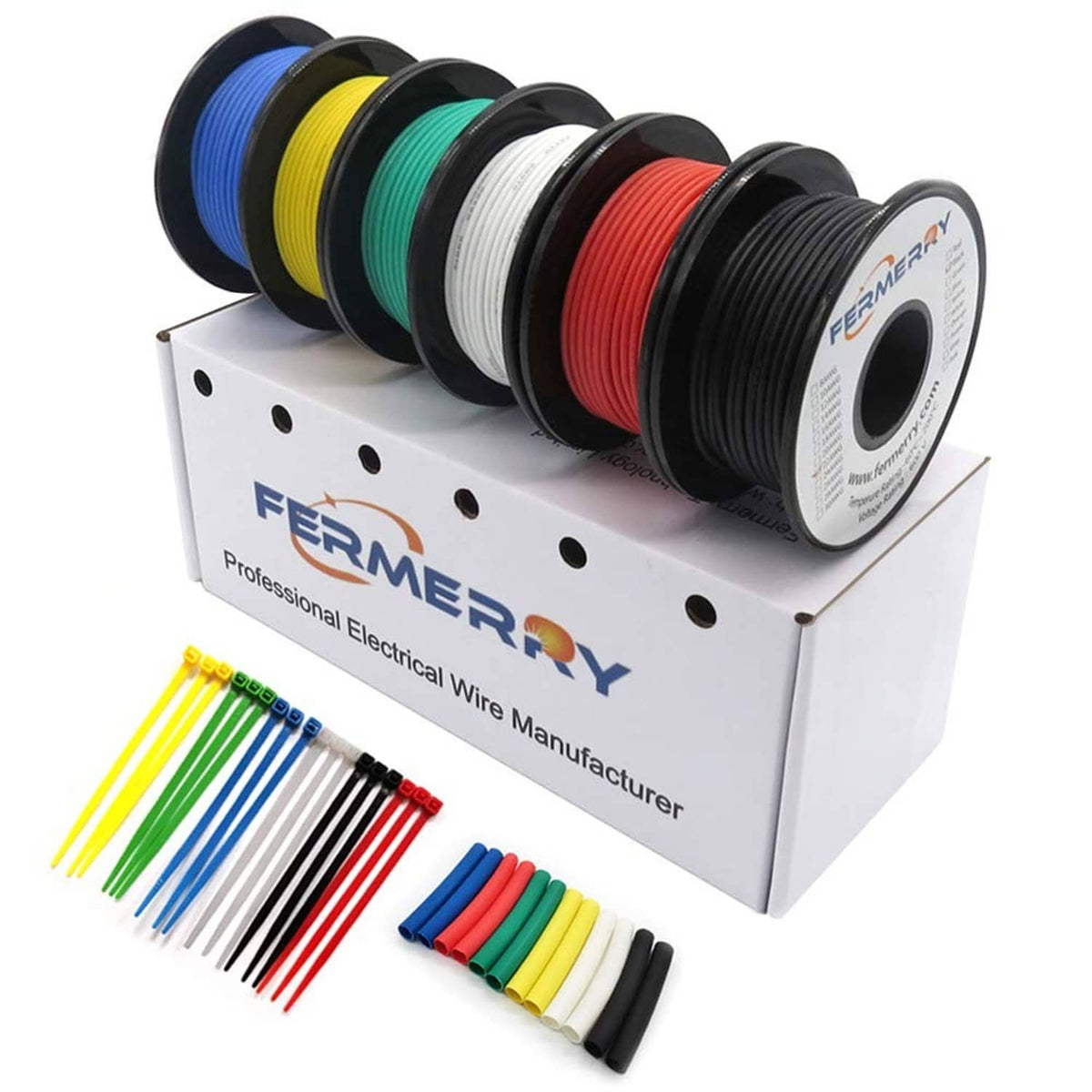 Stranded electrical wire spools with yellow, blue, green, white, black, and red wire