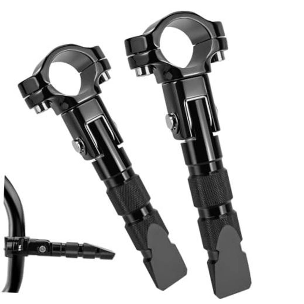 Pair of black highway footpegs with round stainless-steel clamps and textured grips