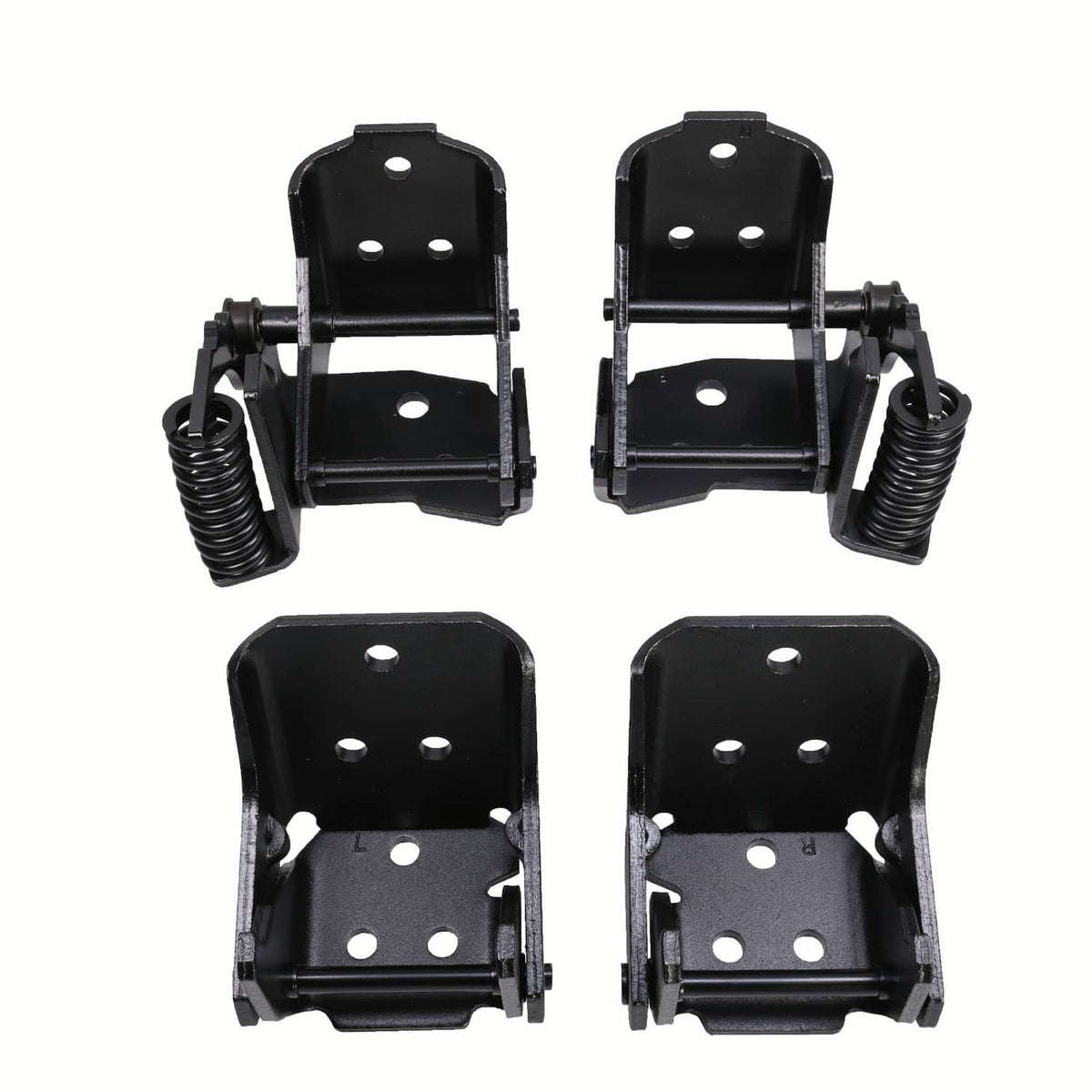Set of four black metal door hinges with mounting plates and coil springs