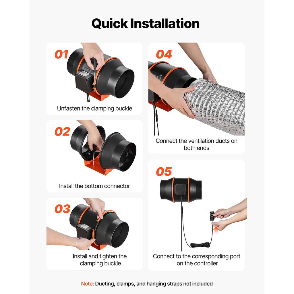 Inline duct fan installation steps with hands connecting duct ends to the controller