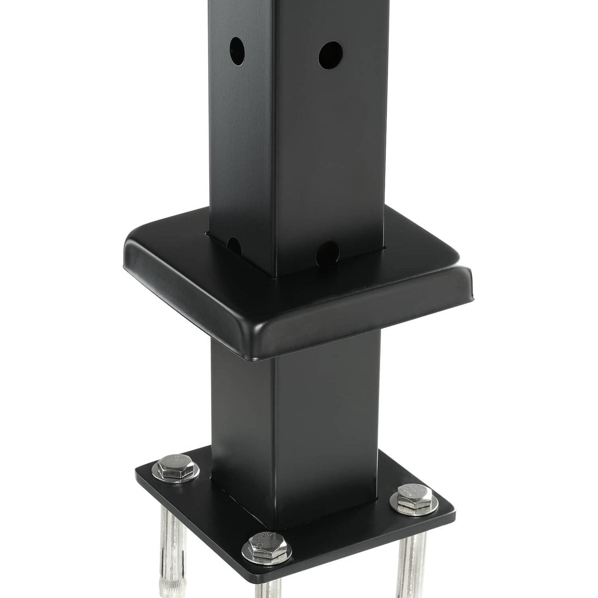 Black cable railing post base bracket with mounting bolts and top plate