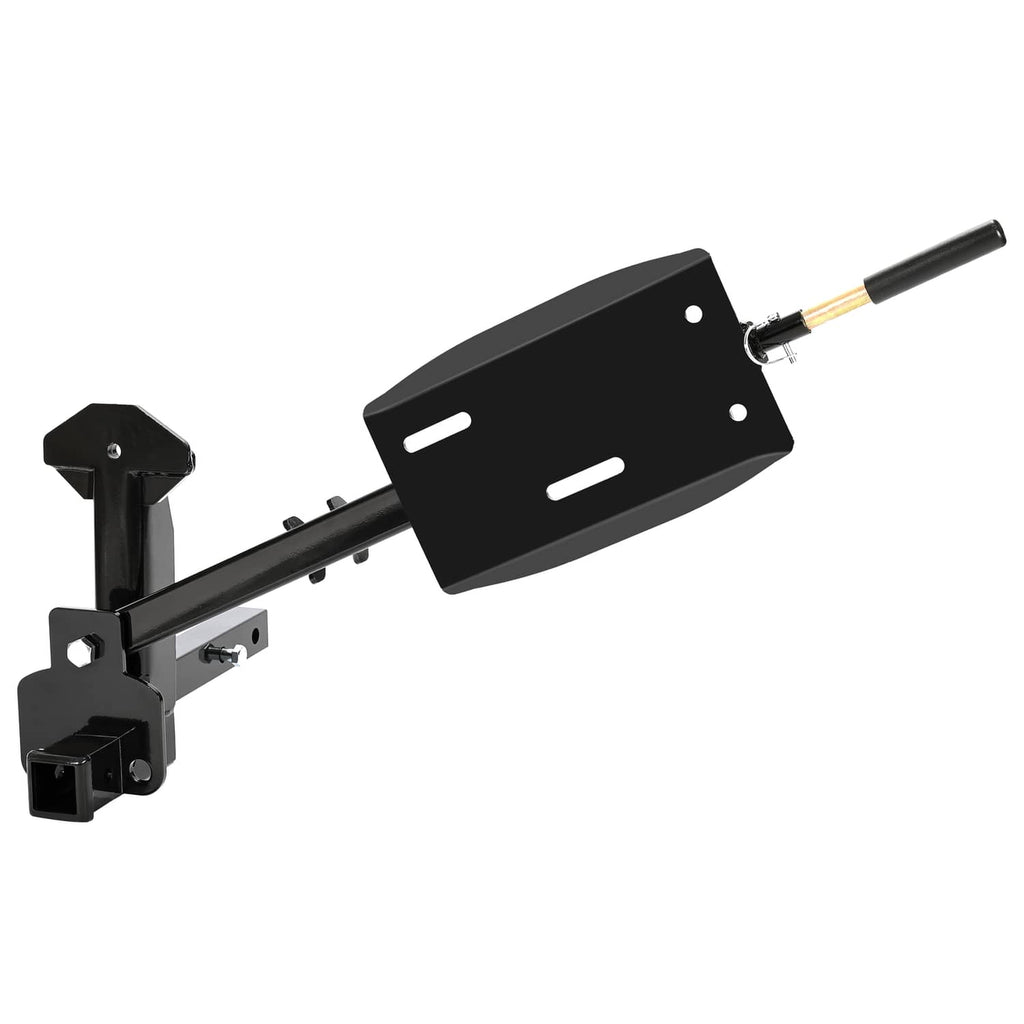 Black RV spare tire carrier with extended arm and mounting hardware, angled view