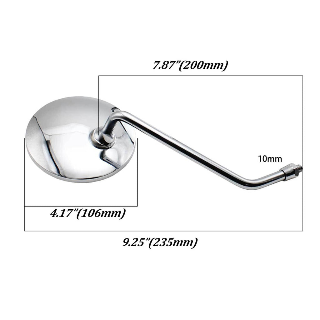 Chrome motorcycle mirror size diagram: round head, 10mm bolt, 235mm overall length