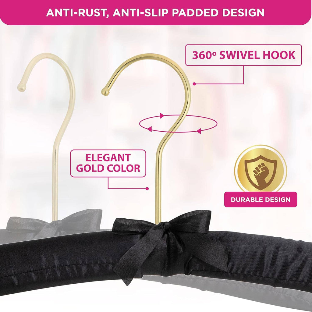 Black fabric padded hangers with gold anti-rust swivel hooks and secure non-slip padding