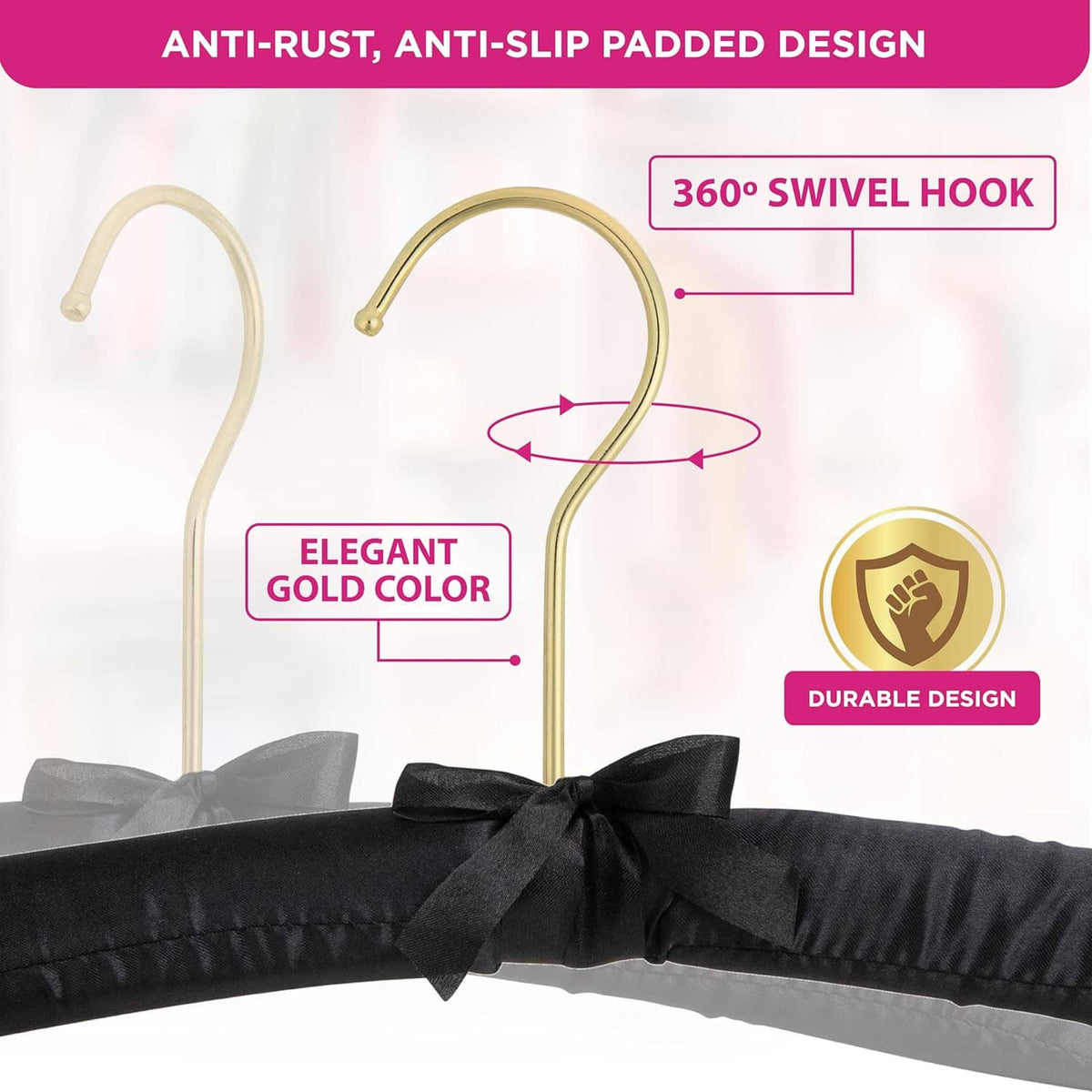 Black fabric padded hangers with gold anti-rust swivel hooks and secure non-slip padding