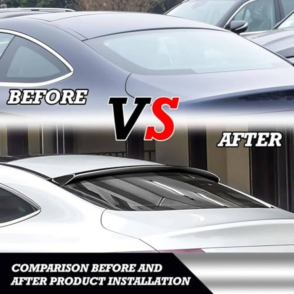 Glossy black roof spoiler installed on a sedan roof in a before/after comparison