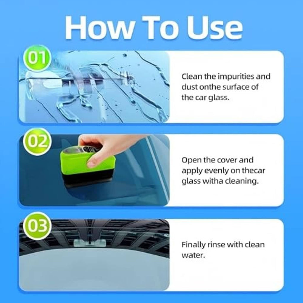 Car glass cleaning steps featuring green brush application and rinsing