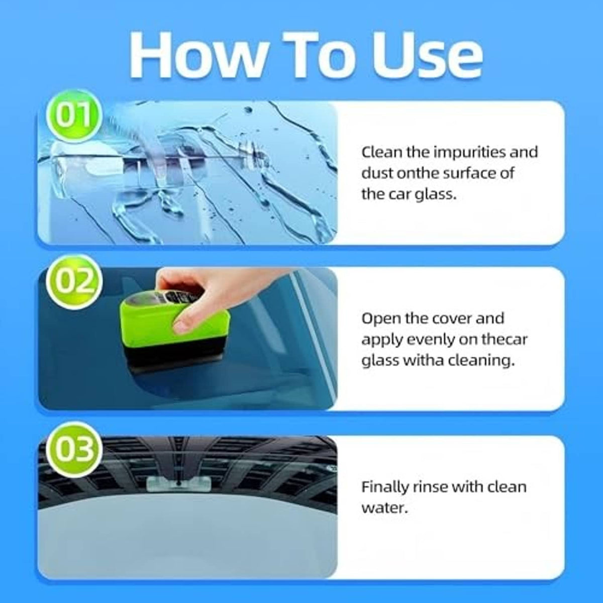 Car glass cleaning steps featuring green brush application and rinsing