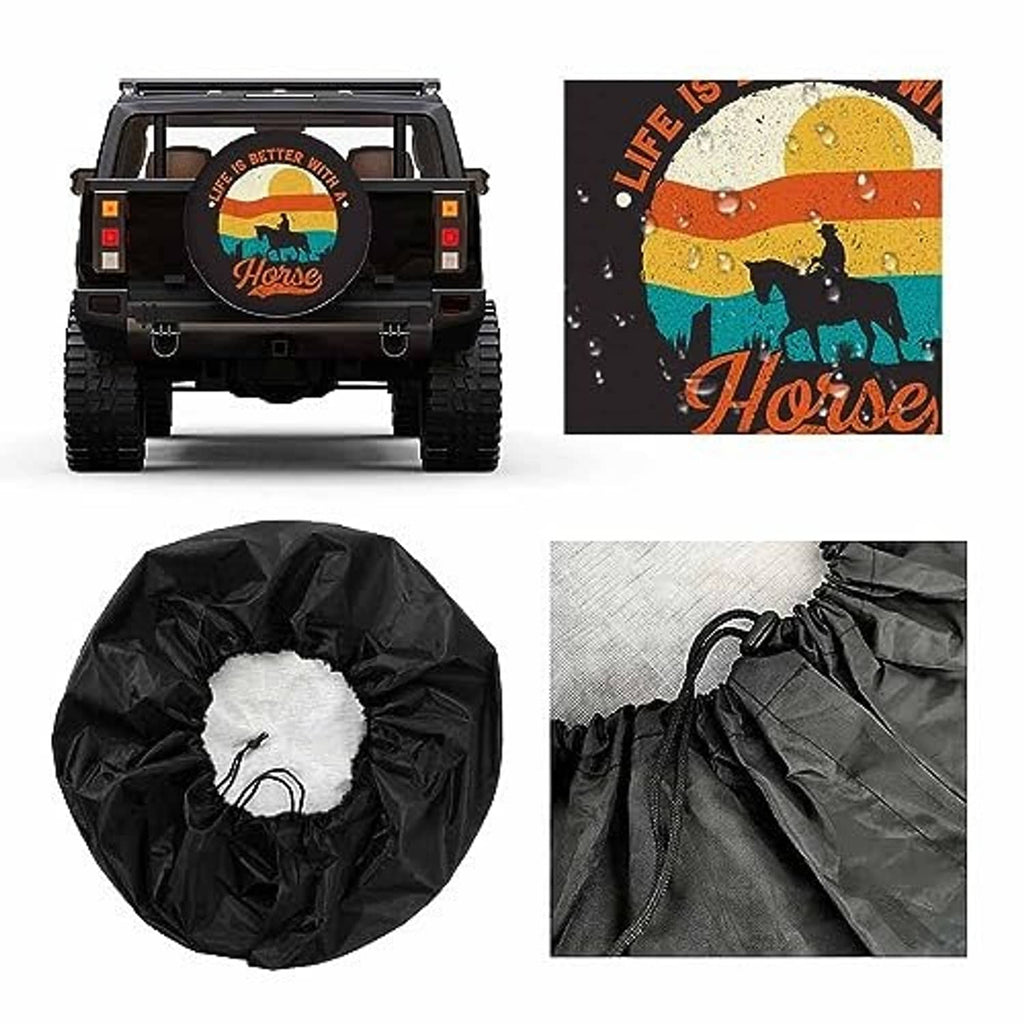 Black spare-tire cover set showing front view and close-up fabric drawcord