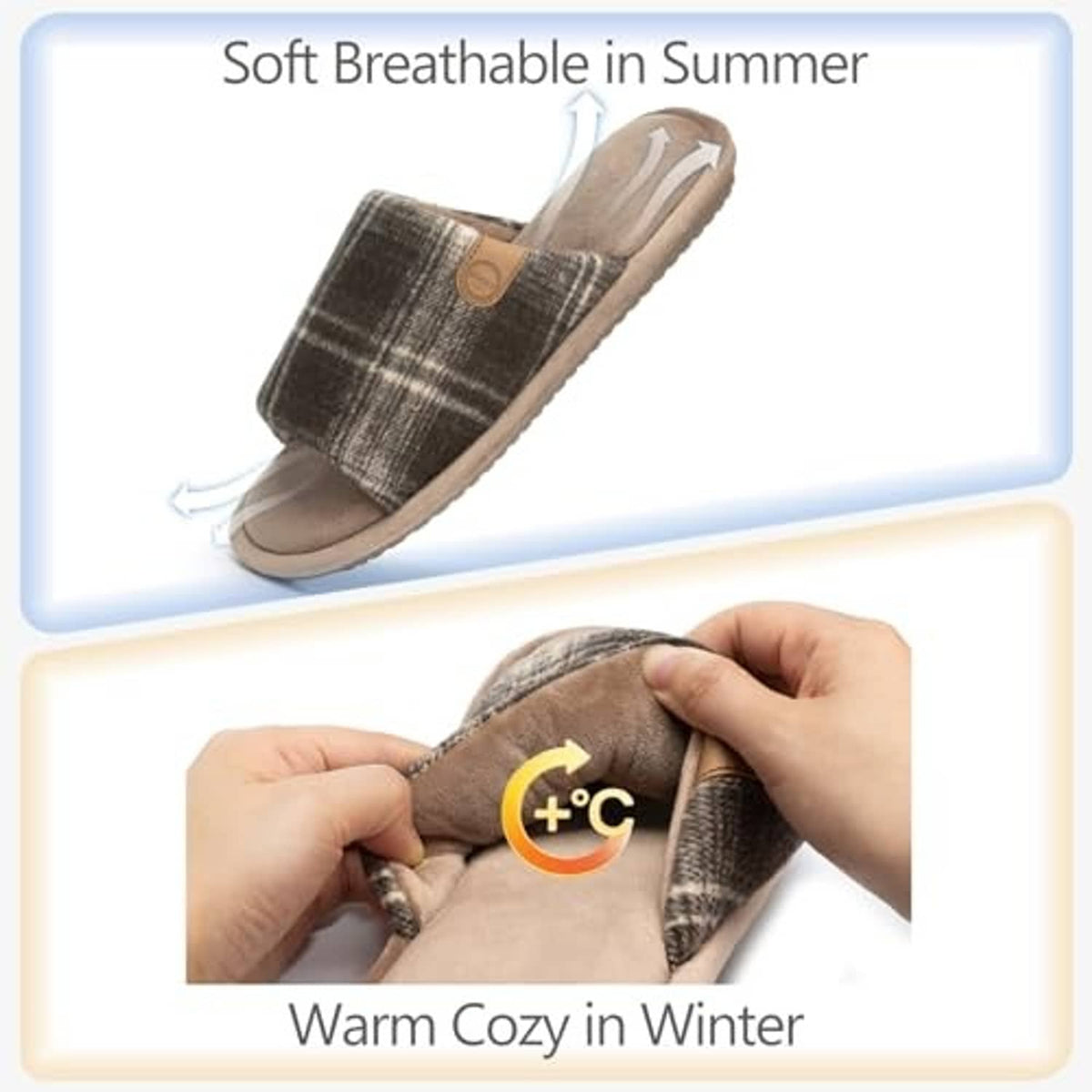 Brown plaid open-toe slippers with soft padded lining, hands adjusting the fit