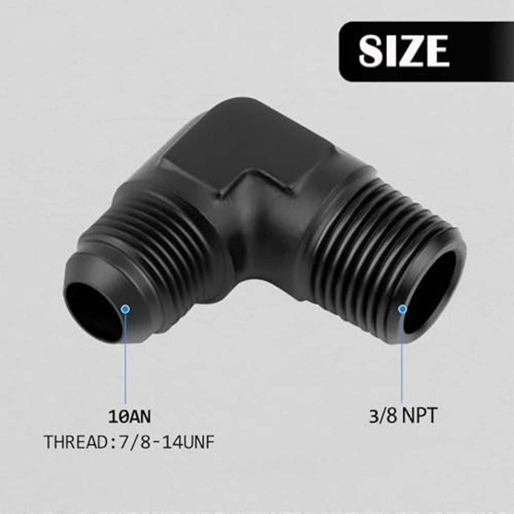 Black 90-degree elbow fitting connector for 10AN to 3/8 NPT male threads
