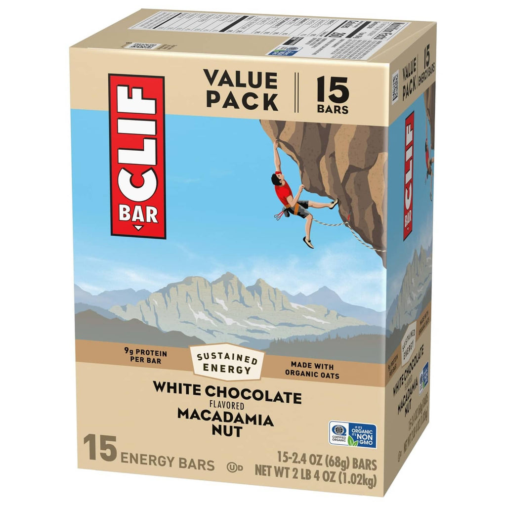 CLIF Bar Value Pack carton, white chocolate macadamia energy bars, 15 count