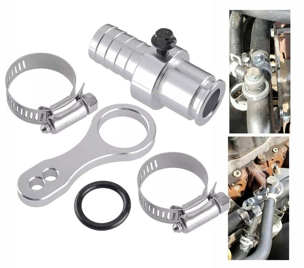 Coolant bypass hose barb adapter set with hose clamps and sealing O-ring, silver metal