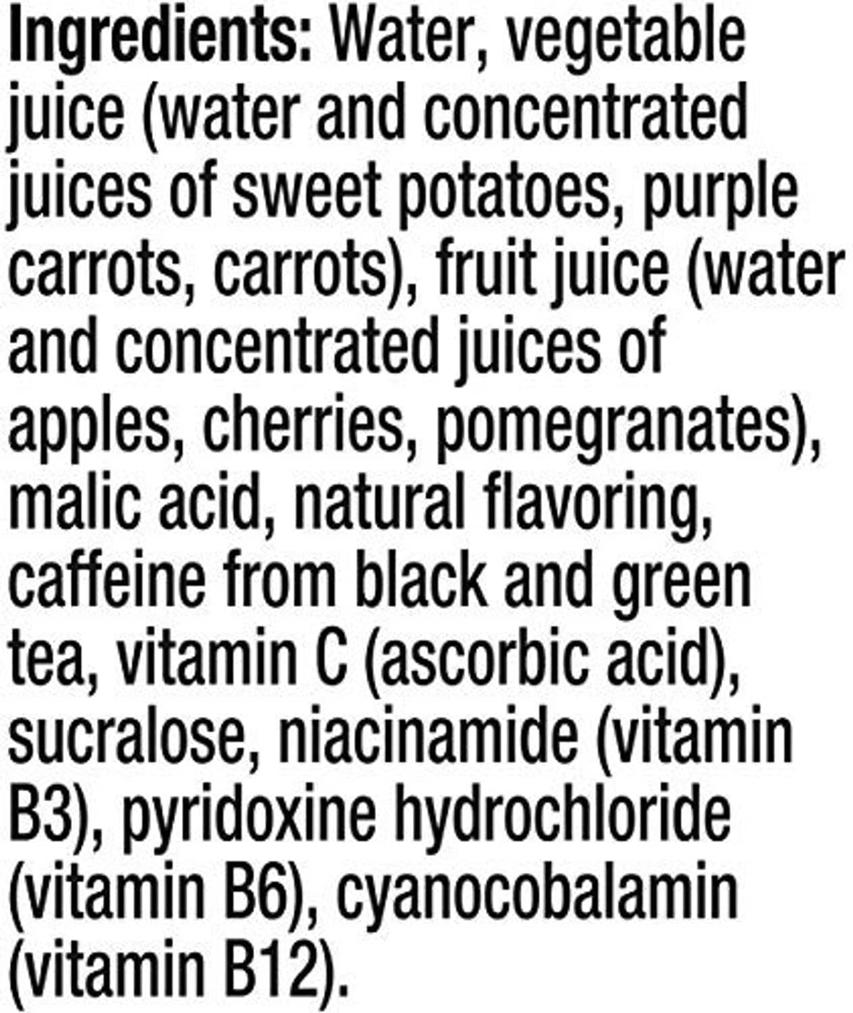 V8 Energy Black Cherry ingredients list text: water, veggie juice, fruit juice, caffeine