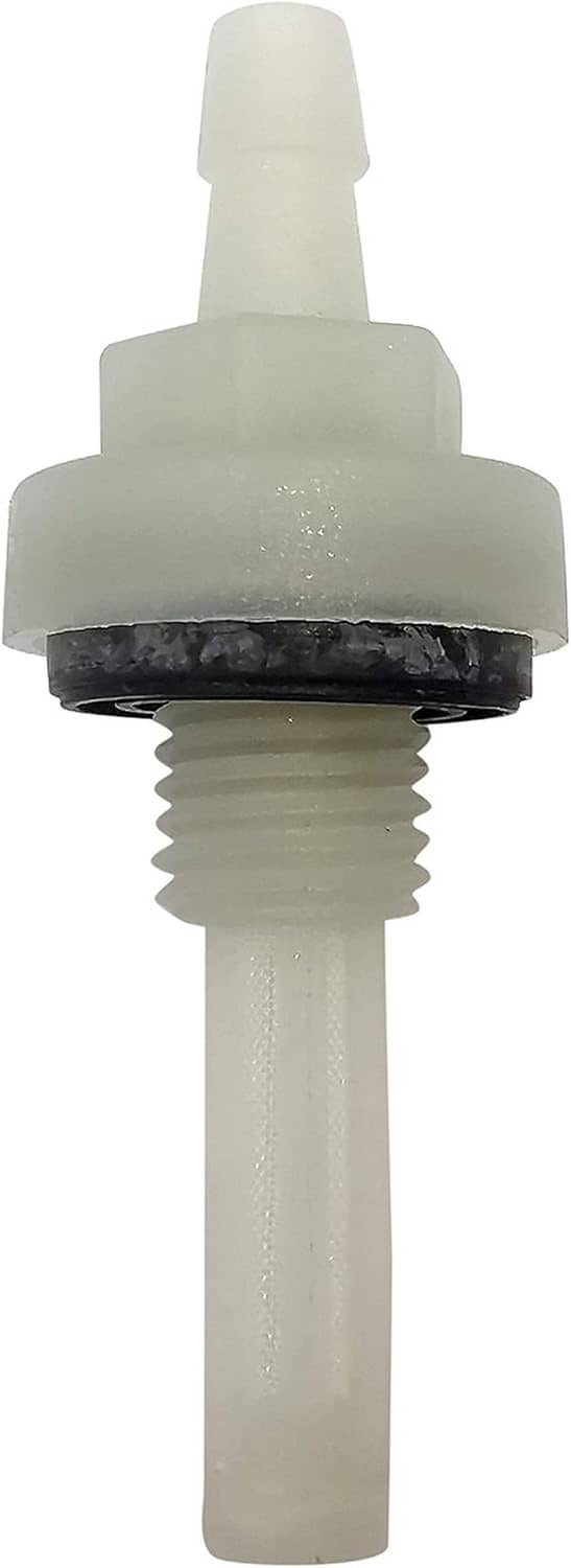 Translucent plastic fuel filter outlet screen with black seal ring and screw thread section