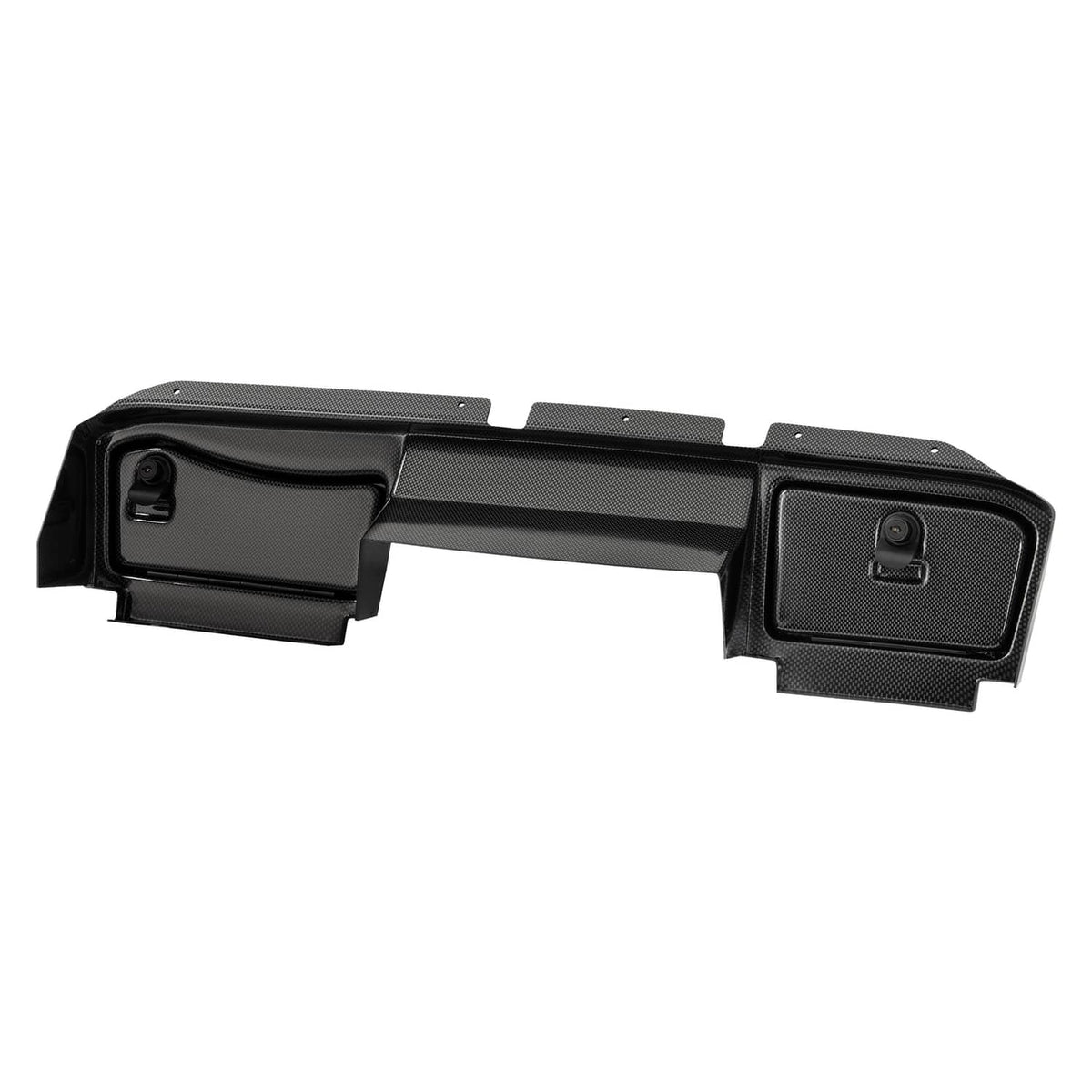 Black carbon-fiber style dash board cover with two side doors and textured center panel
