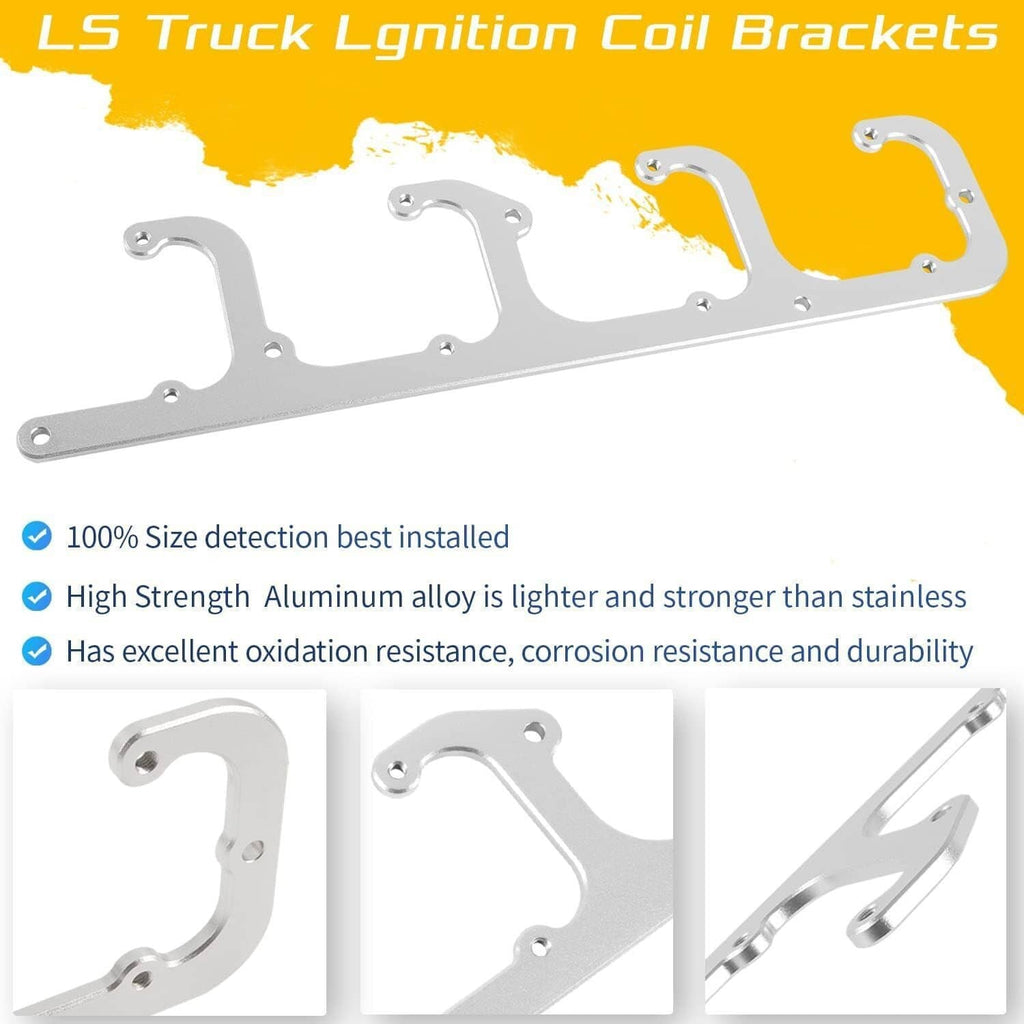 LS truck ignition coil bracket set, silver aluminum rail with U-shaped mounts