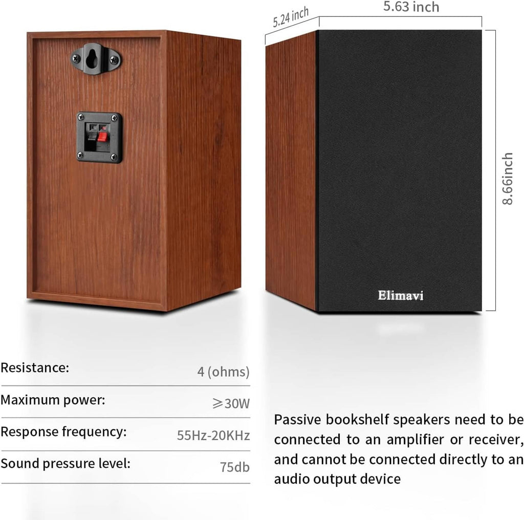 Passive bookshelf speakers back panel with binding posts on wood cabinet