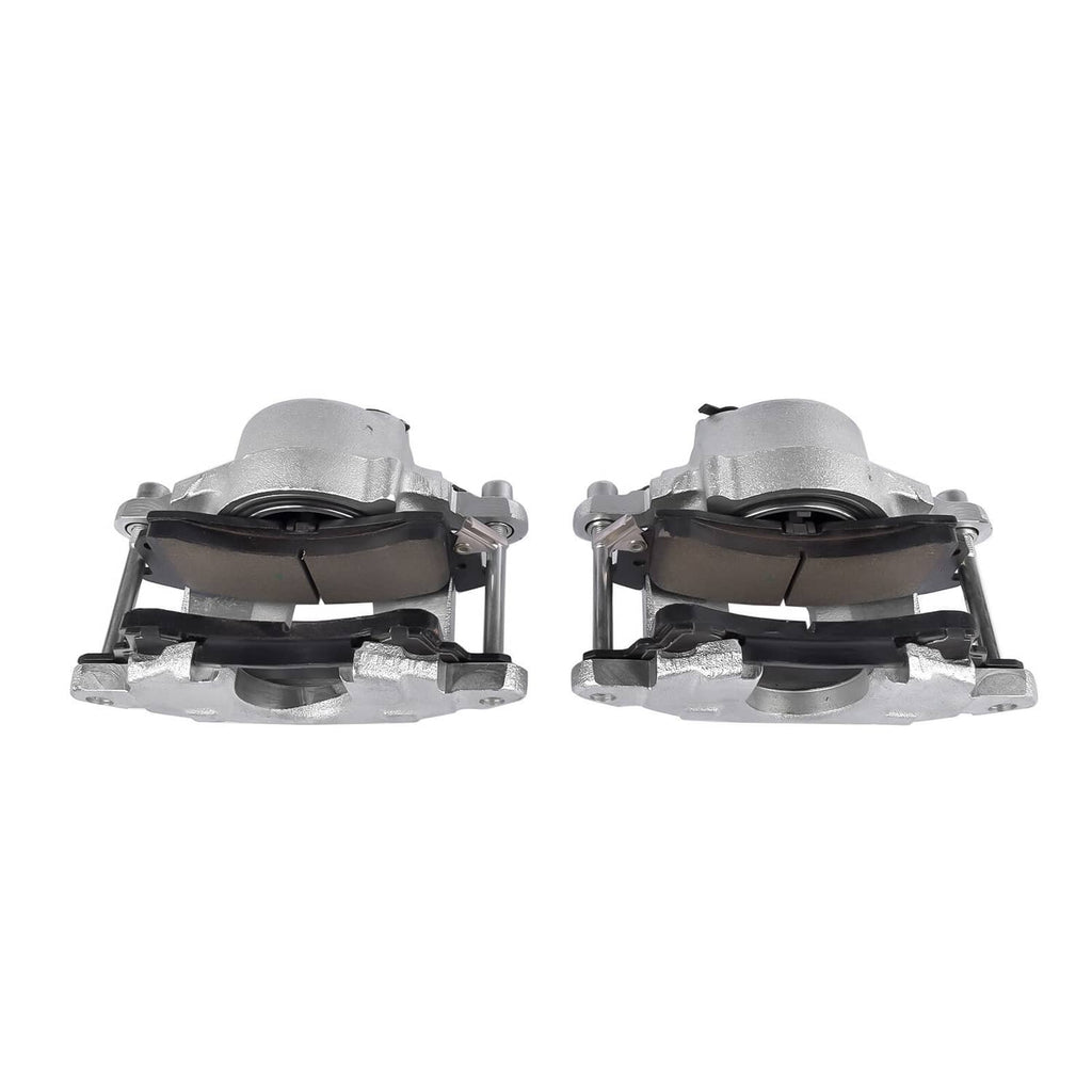 Pair of silver disc brake calipers with black brake pads and mounting brackets