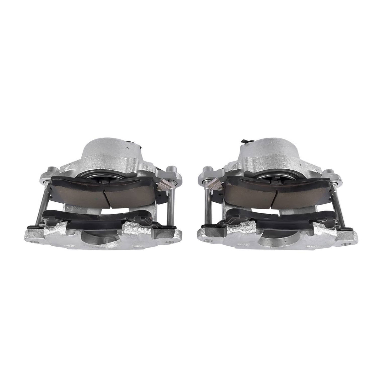 Pair of silver disc brake calipers with black brake pads and mounting brackets