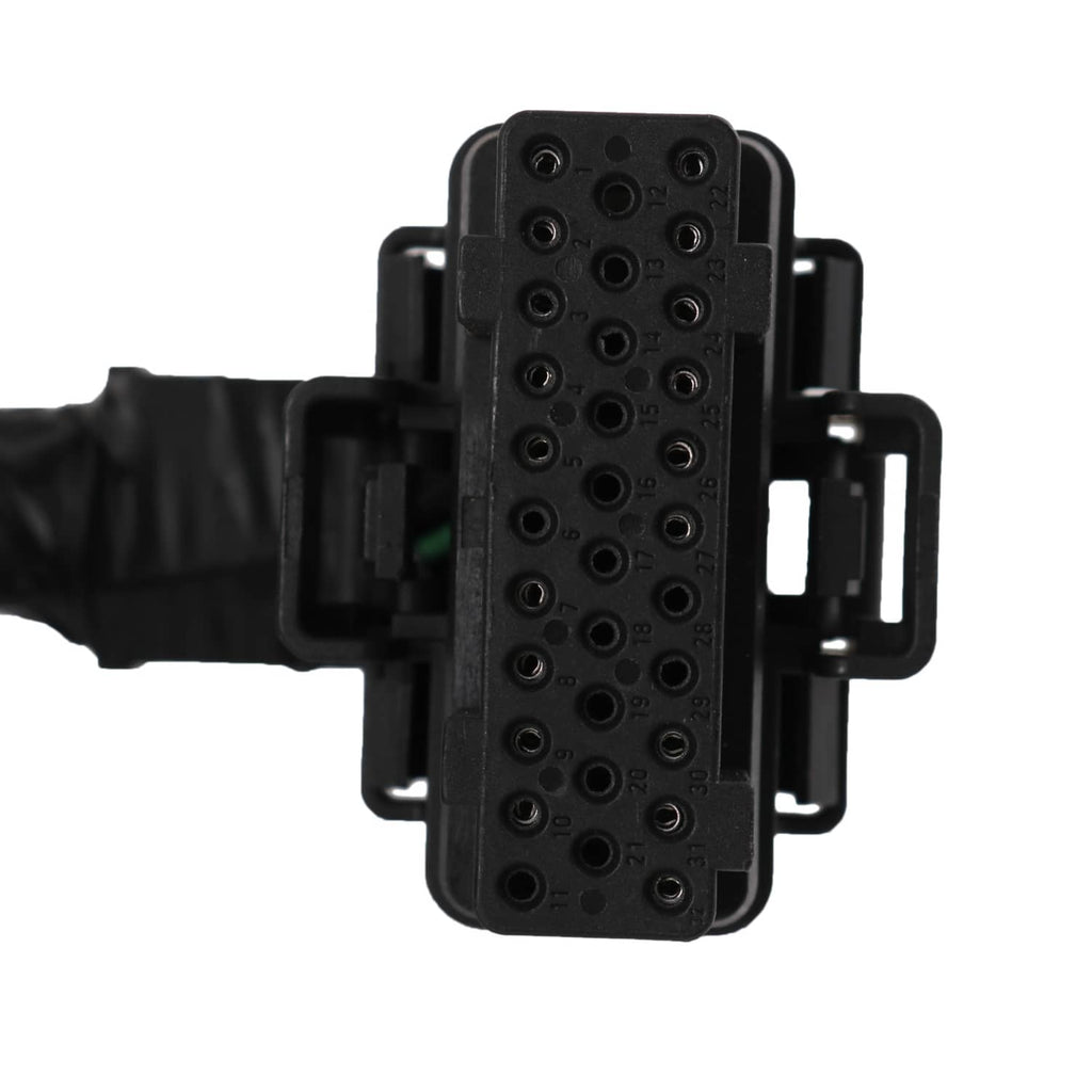 Engine wire harness connector with black rectangular housing and visible pin array