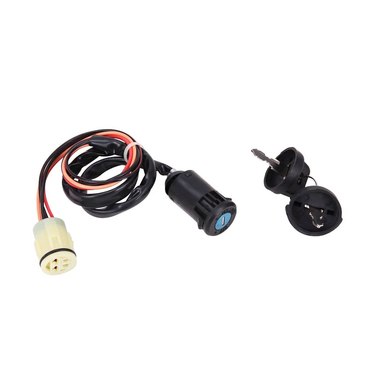 Ignition switch key assembly with wiring harness, black cylinder, and blue indicator ring