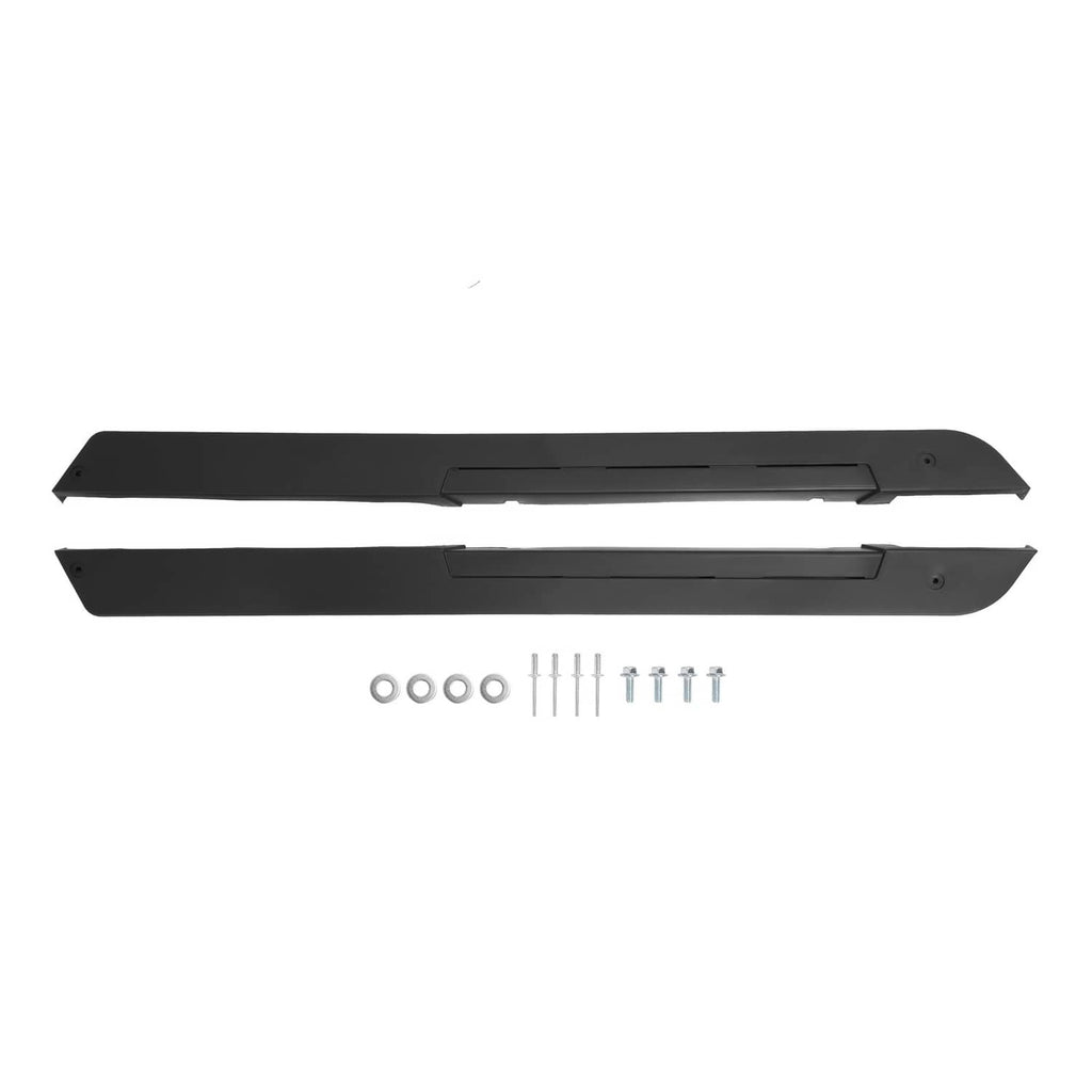 Black driver and passenger side rocker panel set with mounting hardware for golf cart.