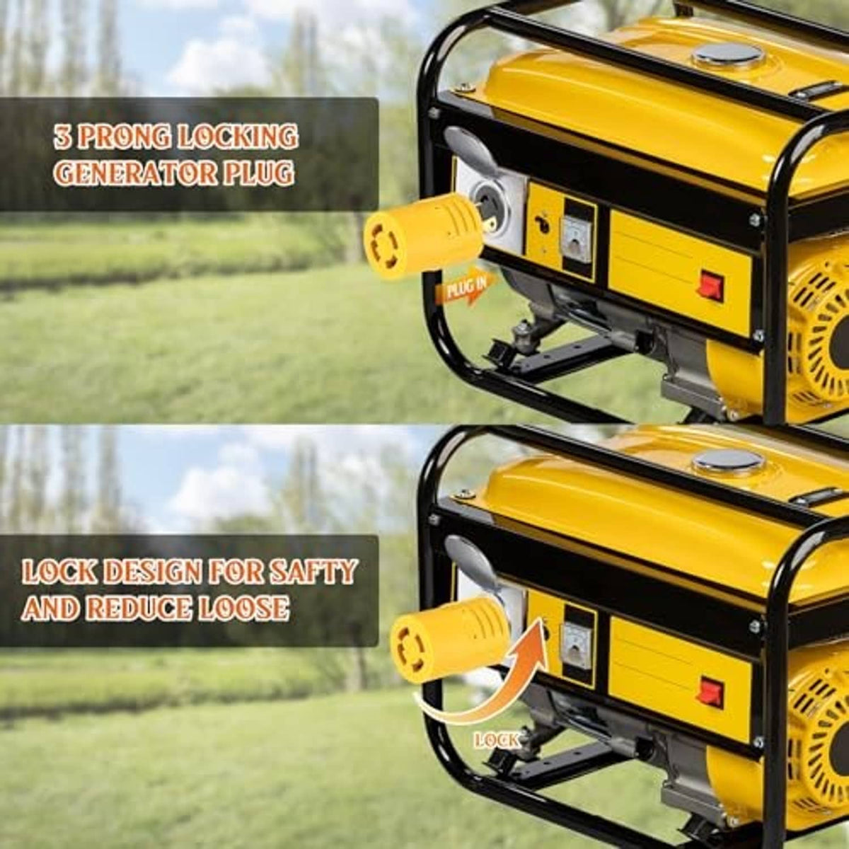 Yellow locking generator plug adapter with 3-prong connector and inline transfer use
