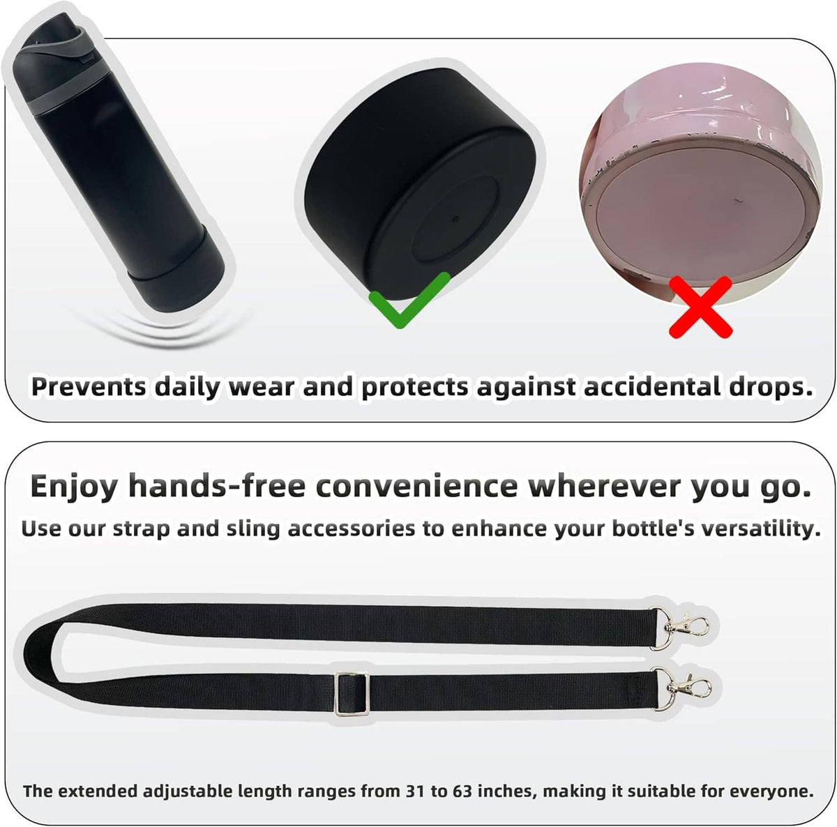 Black silicone boot and sleeve with adjustable strap and sling hardware kit pieces.