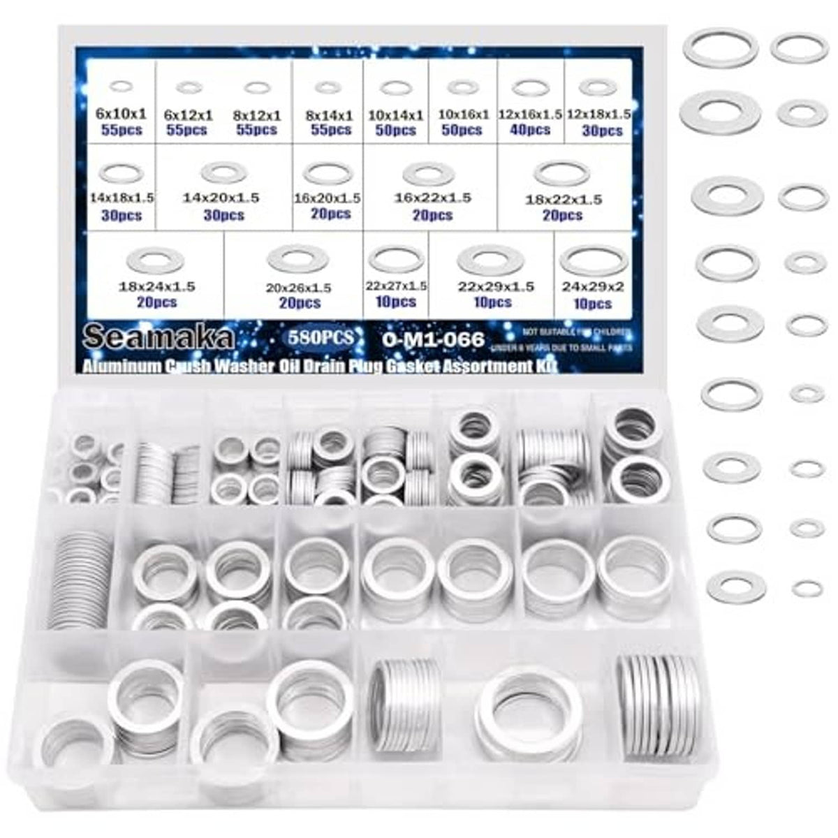 Assorted aluminum oil drain plug gasket washers in clear organizer tray