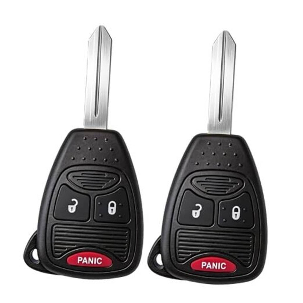 Black remote key fob with two buttons and metal key blade, red Panic label