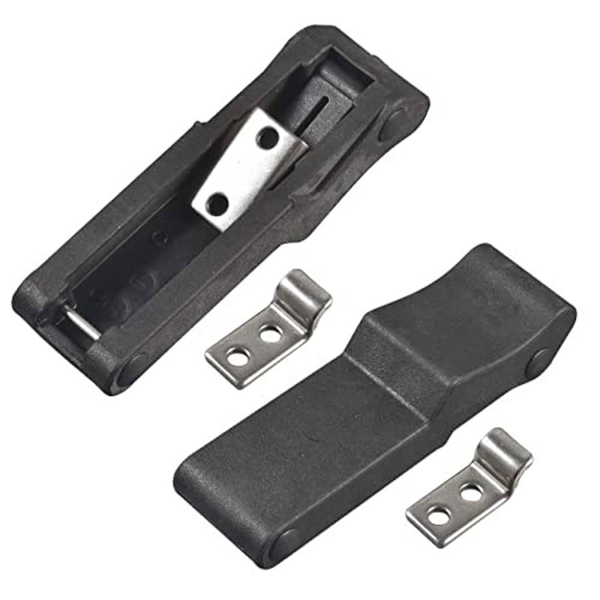 Two latch brackets shown from underside with metal mounting clips and plates