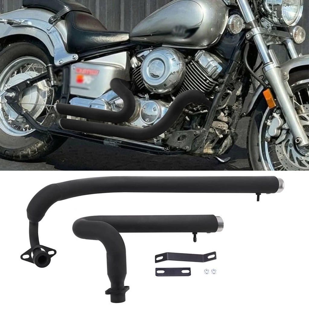 Black exhaust pipes and muffler heat-shield style components for a cruiser motorcycle.