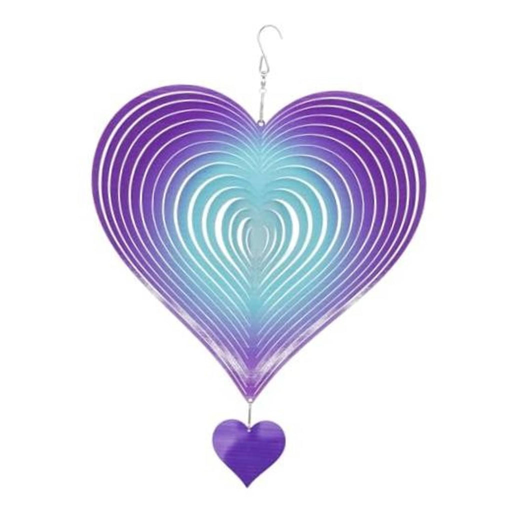 Heart wind spinner with purple-blue gradient rings, hanging hook, small heart charm.