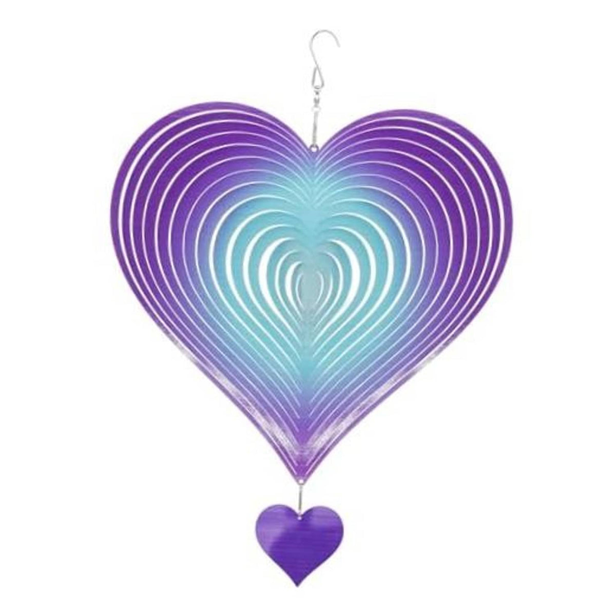 Heart wind spinner with purple-blue gradient rings, hanging hook, small heart charm.