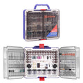Rotary tool accessory kit in blue case with organized bit and sanding wheel storage