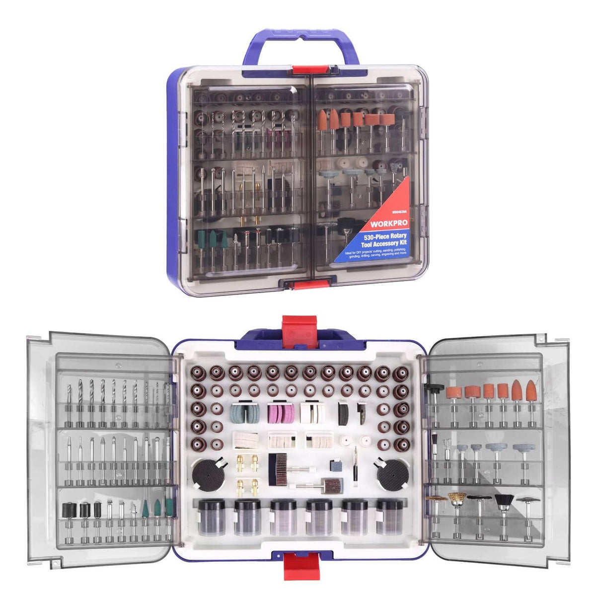 Rotary tool accessory kit in blue case with organized bit and sanding wheel storage