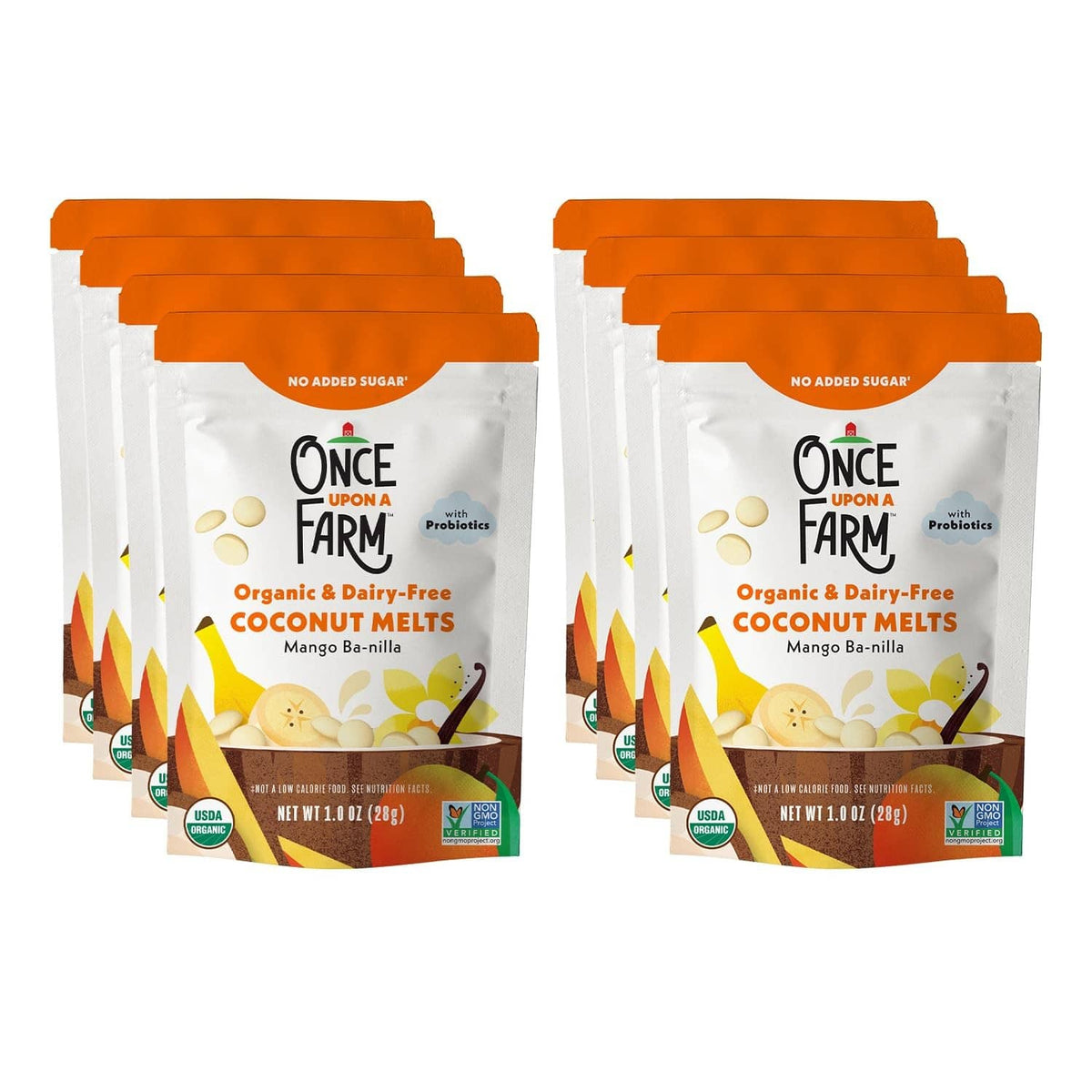 Multiple organic coconut melts pouches, no added sugar, dairy-free, with probiotics