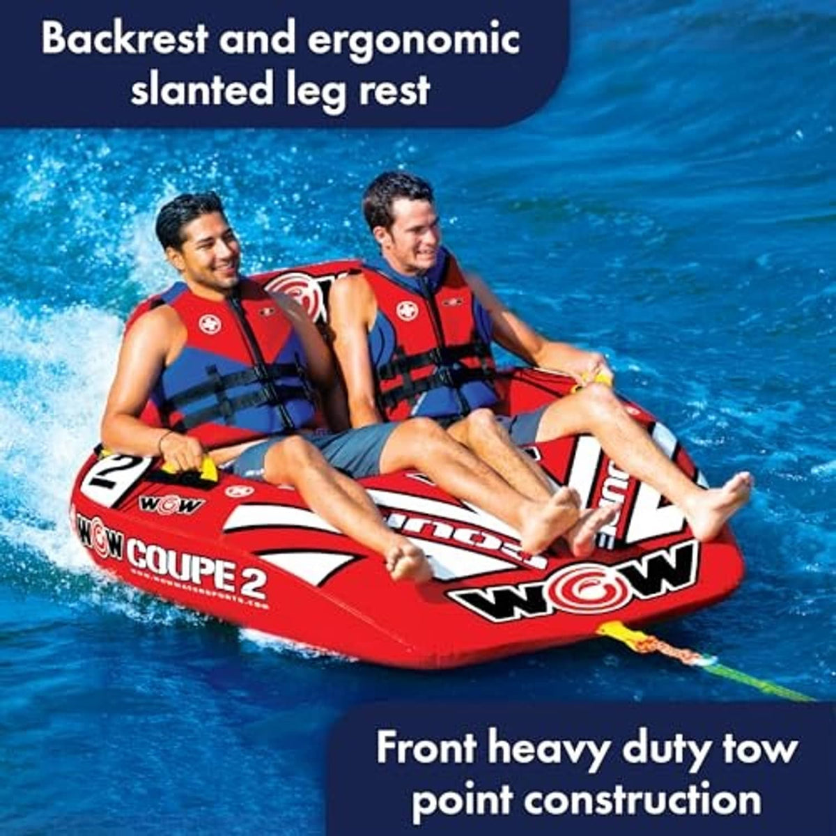 Wow Coupe 2-person inflatable boat towable tube with slanted leg rest and backrest