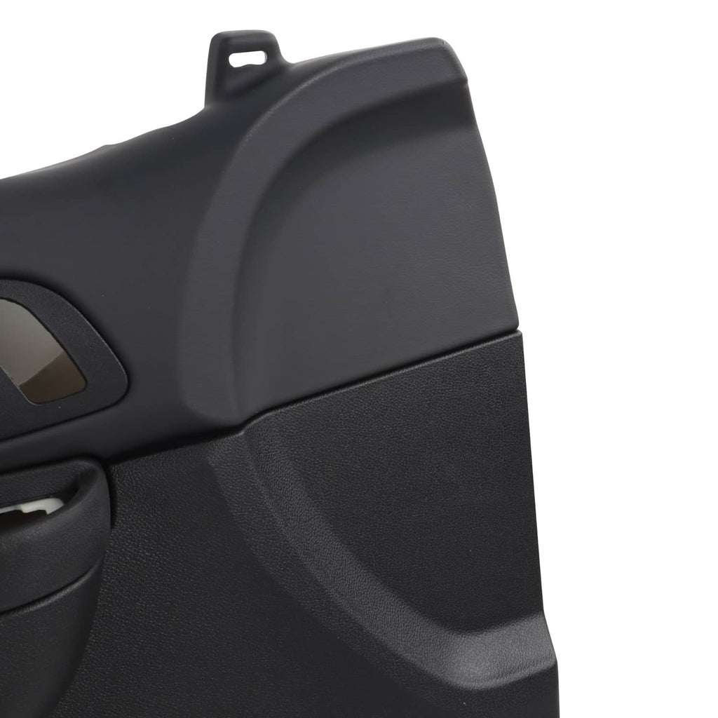 Black interior driver-side door trim panel with textured surface and handle control cutout