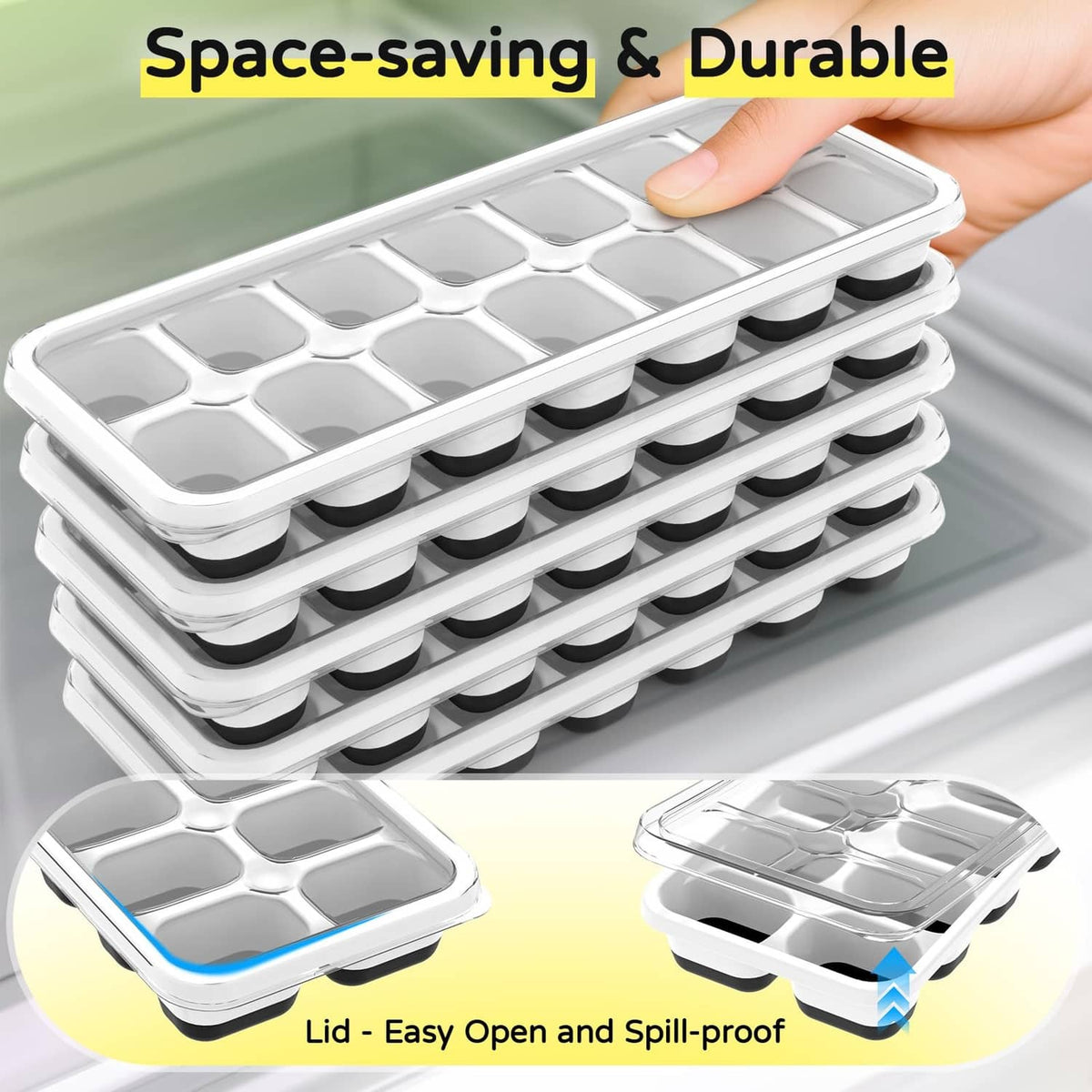 Stacked ice cube trays with lid, space-saving design and easy-open spill-proof cover