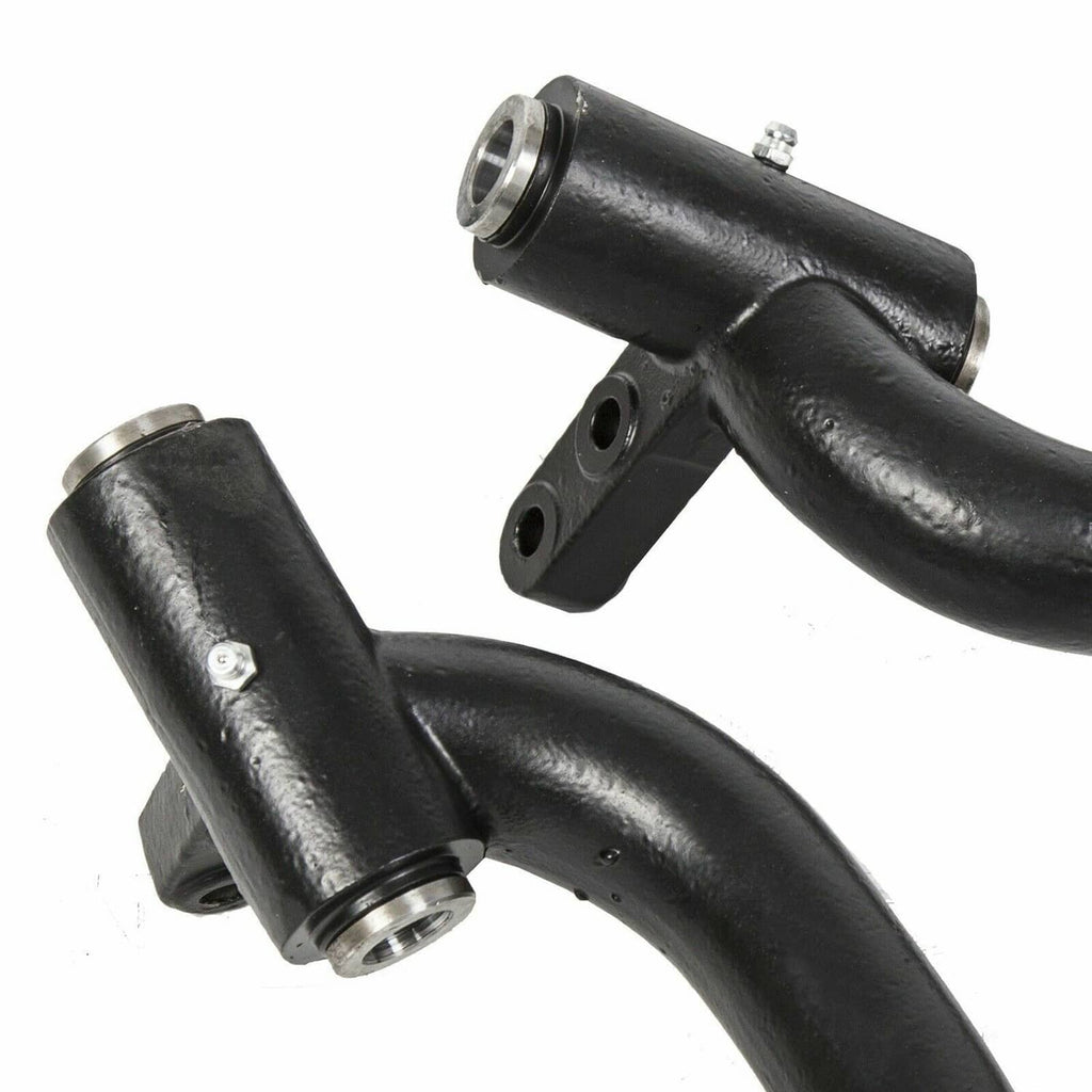 Pair of black metal lift spindles with bushings and flange mounting points