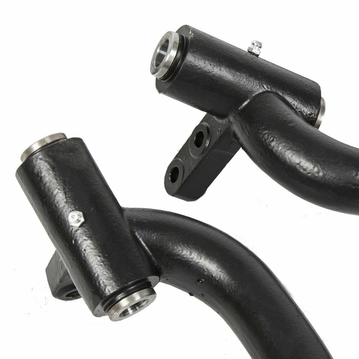 Pair of black metal lift spindles with bushings and flange mounting points