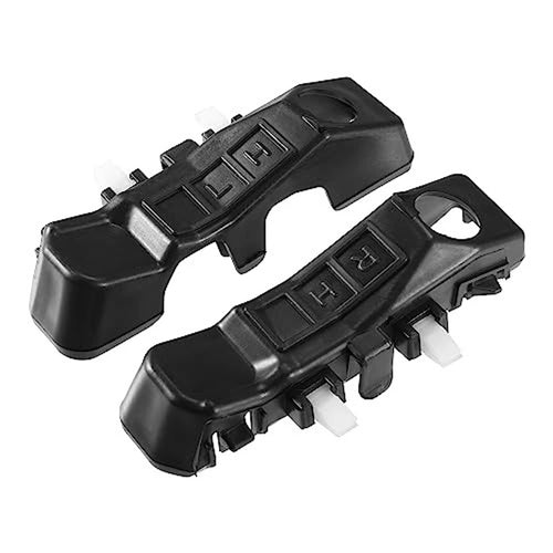 Black left and right front bumper mounting support brackets with tabs and mounting pegs