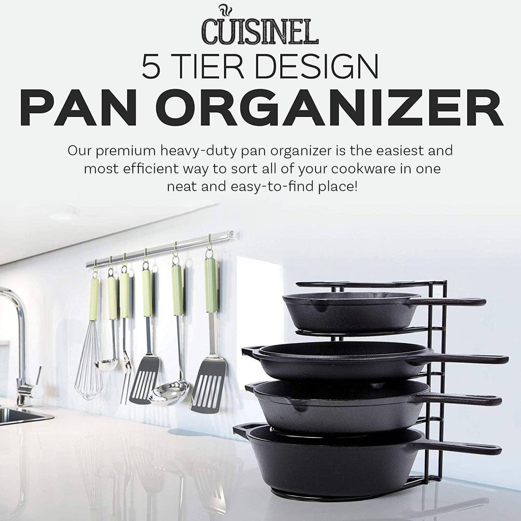 Cuisinel heavy-duty 5-tier pan rack with three black pans on a metal frame